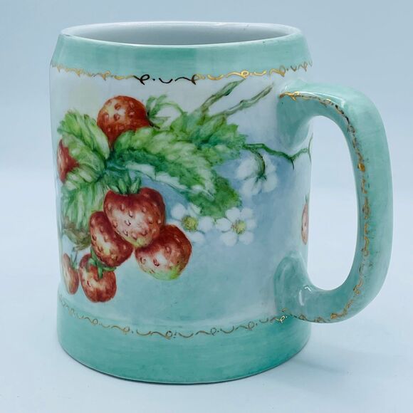 VTG Porcelain Baby Blue Tankard Mug Hand Painted Strawberries Vines Signed OOAK - Picture 4 of 8